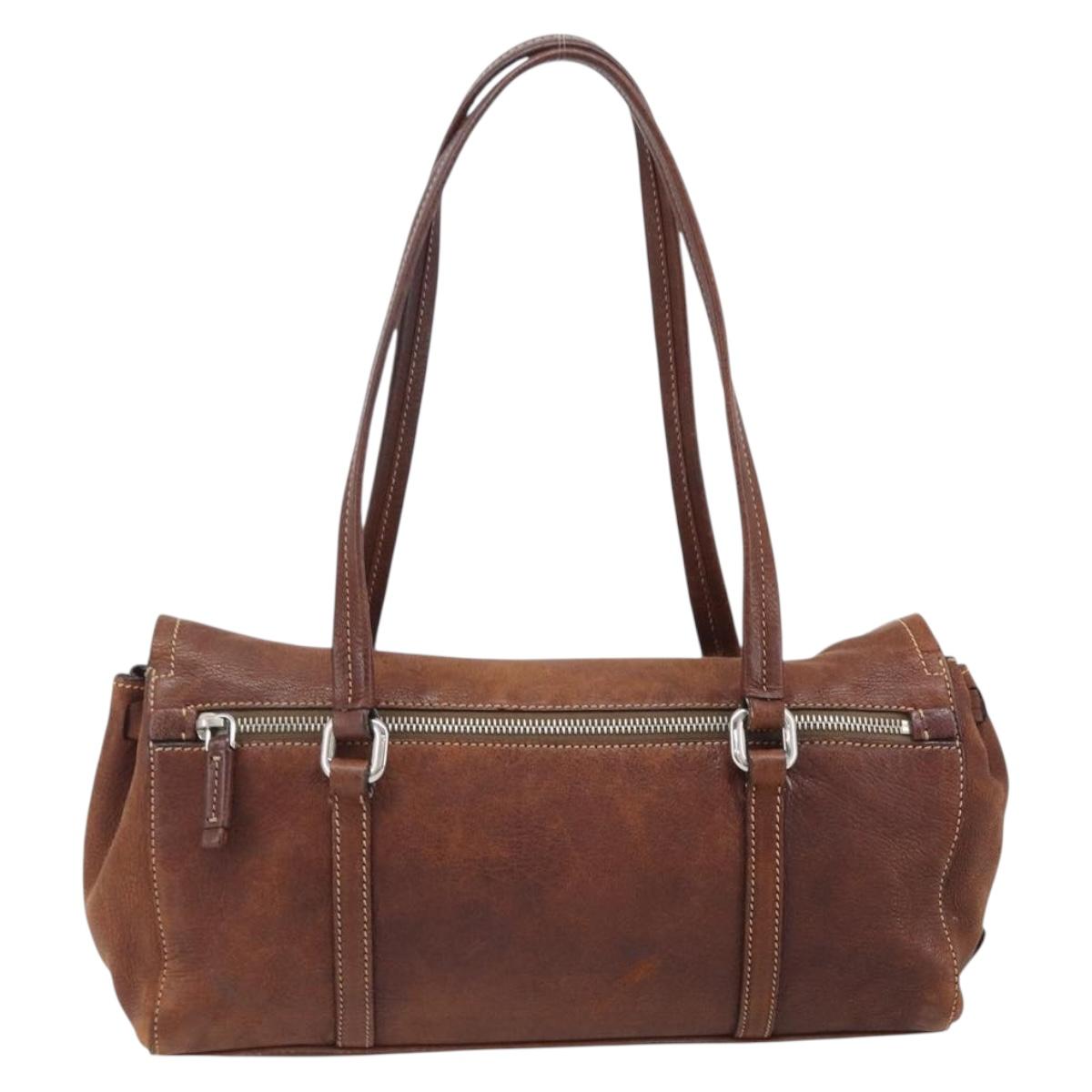 PRADA Hand Bag Leather Brown Silver Auth 203889V