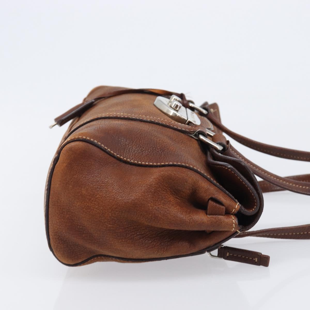 PRADA Hand Bag Leather Brown Silver Auth 203889V