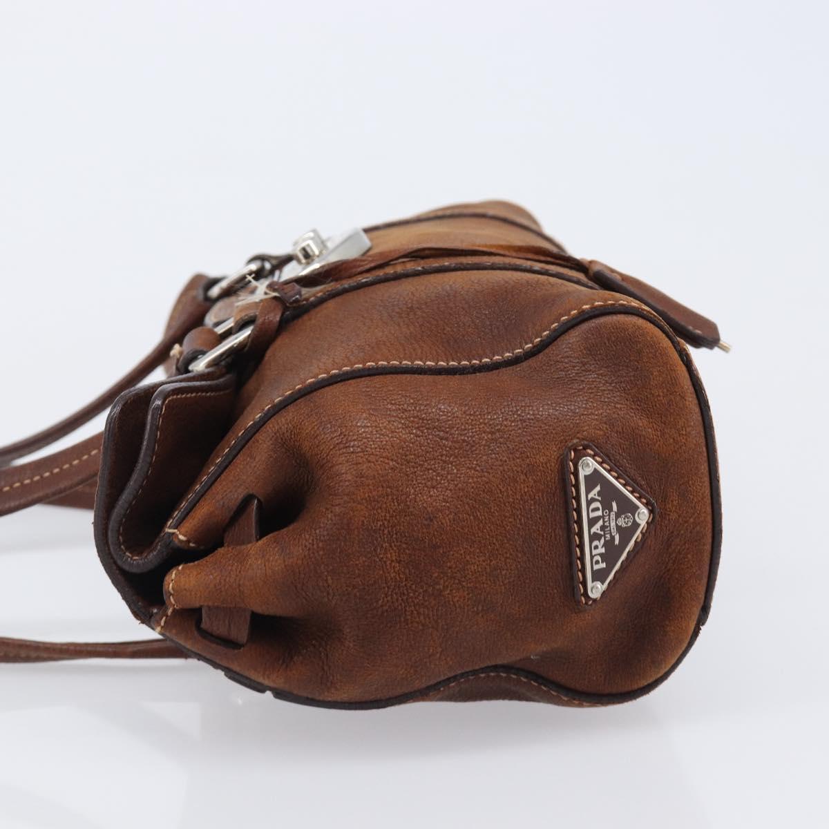 PRADA Hand Bag Leather Brown Silver Auth 203889V