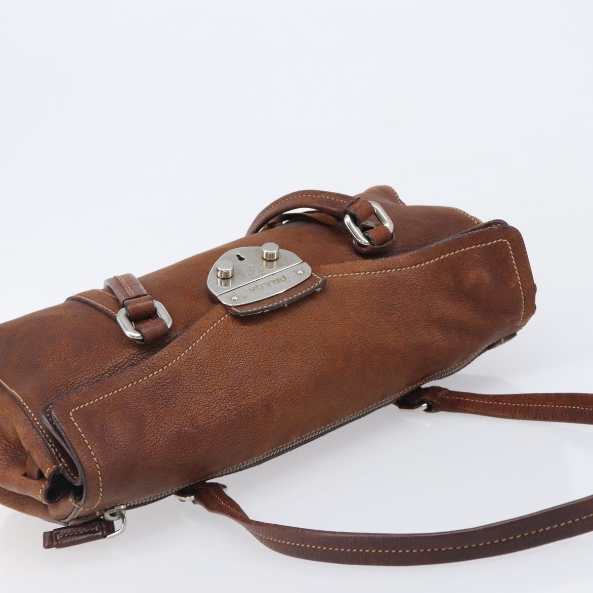PRADA Hand Bag Leather Brown Silver Auth 203889V