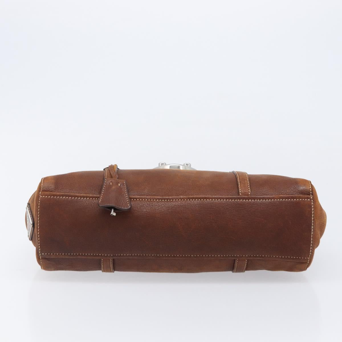 PRADA Hand Bag Leather Brown Silver Auth 203889V