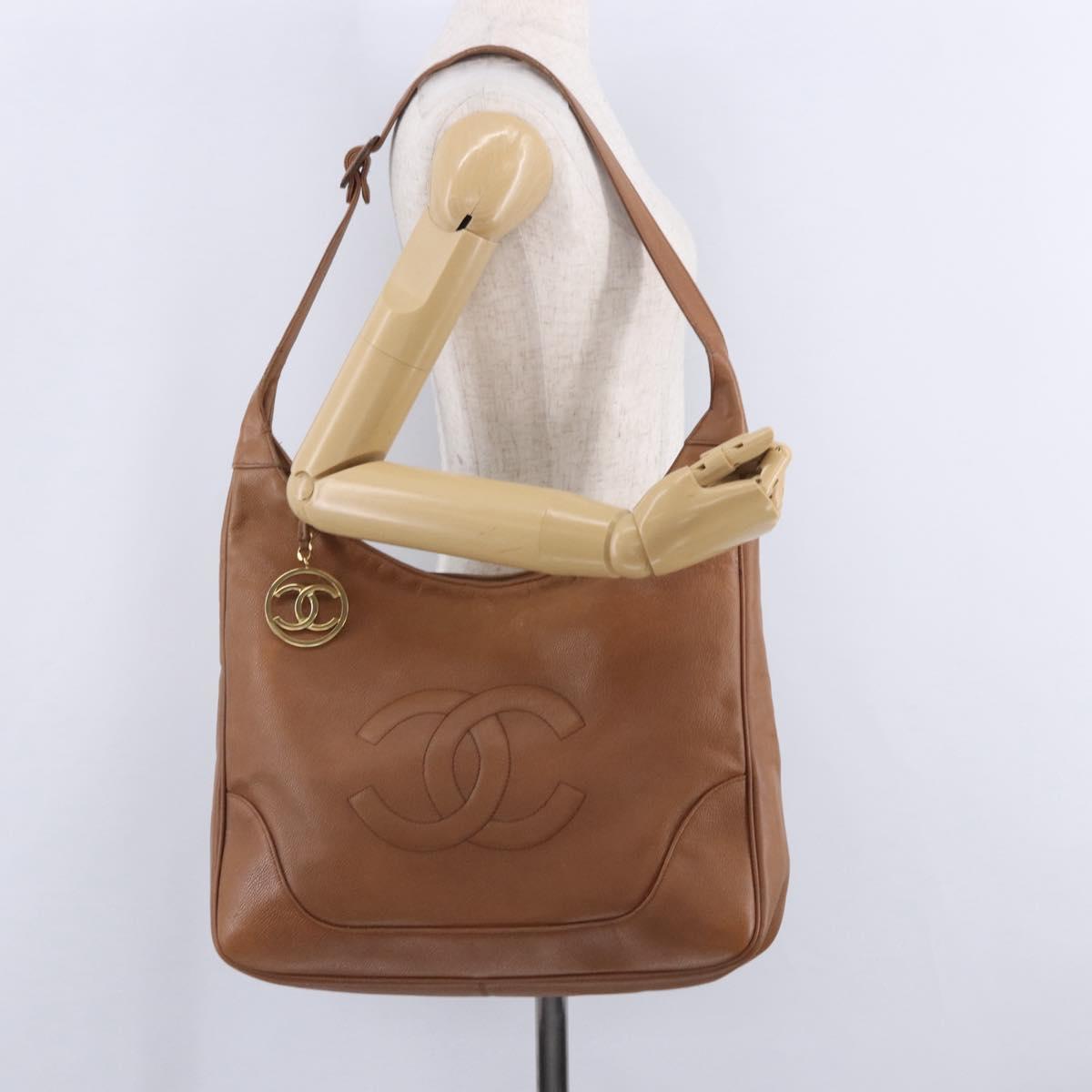 CHANEL Shoulder Bag Caviar Skin Brown Gold CC Auth 203890