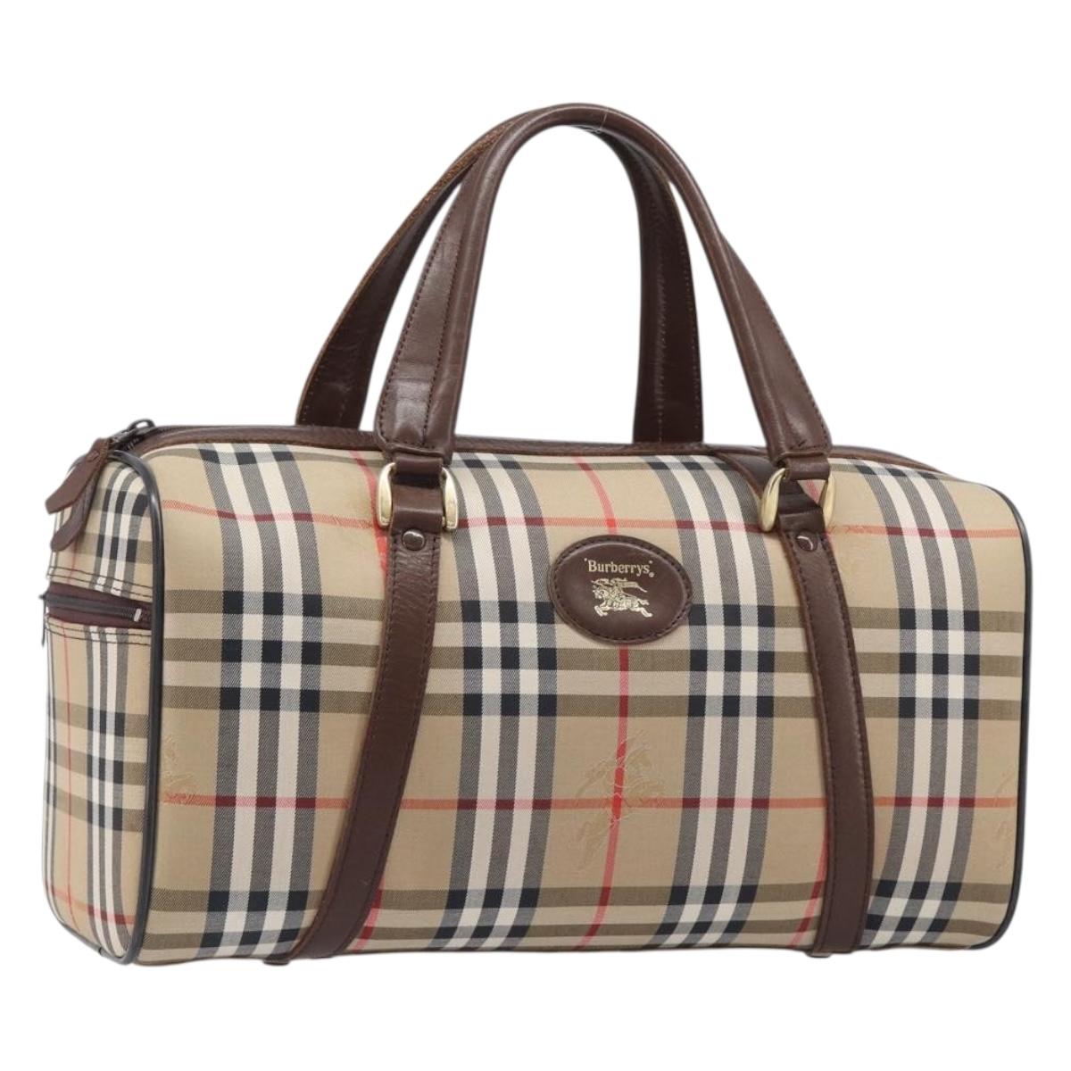 Burberrys Nova Check Boston Bag Canvas Beige Gold Auth 203894V