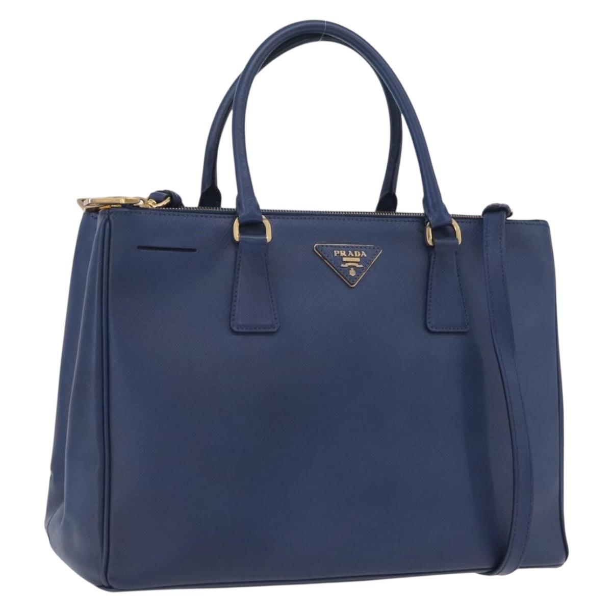 PRADA Galleria Hand Bag Saffiano 2way Blue Gold Auth 203895A