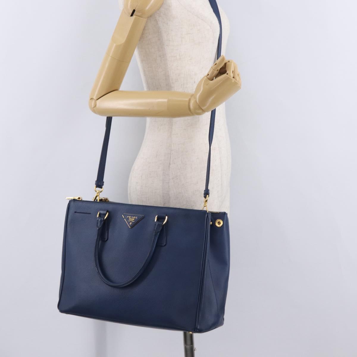 PRADA Galleria Hand Bag Saffiano 2way Blue Gold Auth 203895A