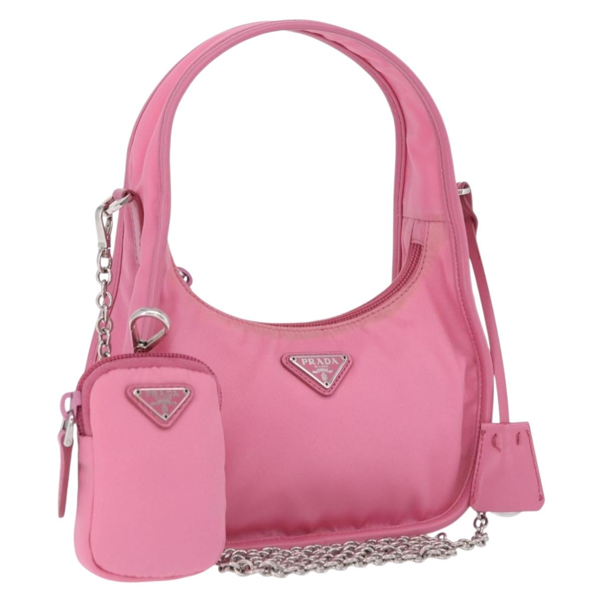 PRADA Hand Bag Nylon Pink Silver Auth 204035V