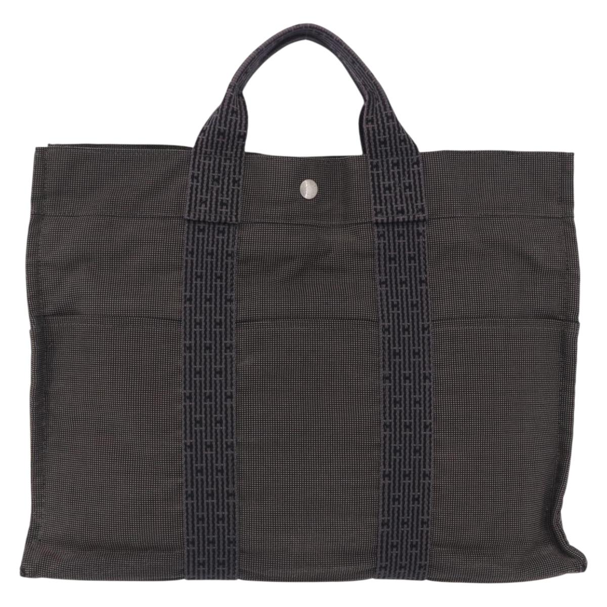 HERMES Her Line Tote MM Tote Bag Canvas Gray Silver Auth 204044