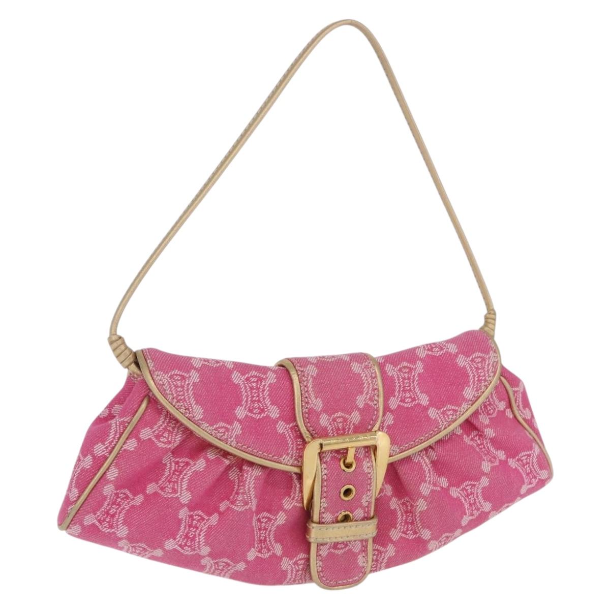 CELINE Paris Macadam Canvas Shoulder Bag Denim Pink Gold Auth 204045A