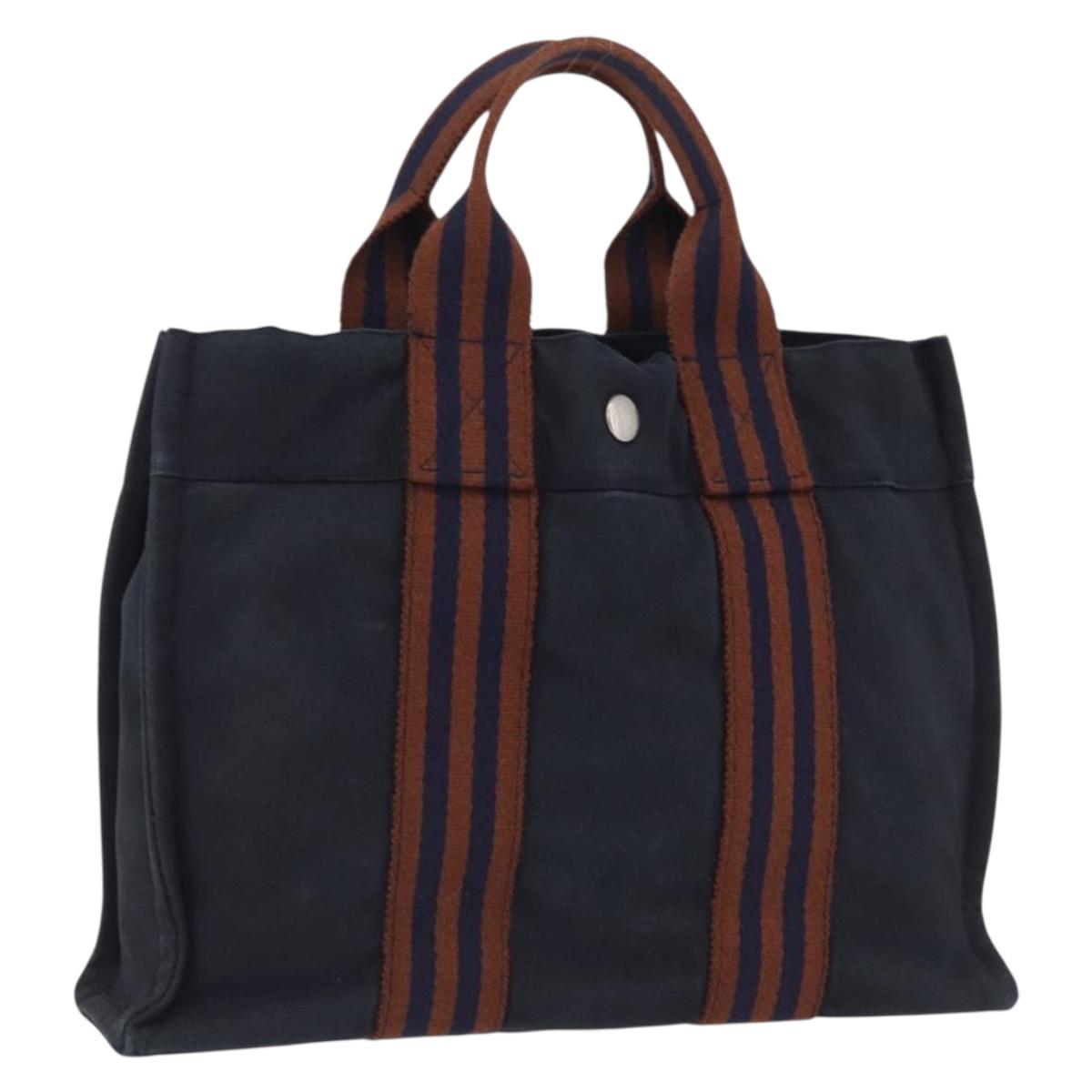 HERMES New Fourre Tout PM Hand Bag Canvas Navy Silver Auth 204058