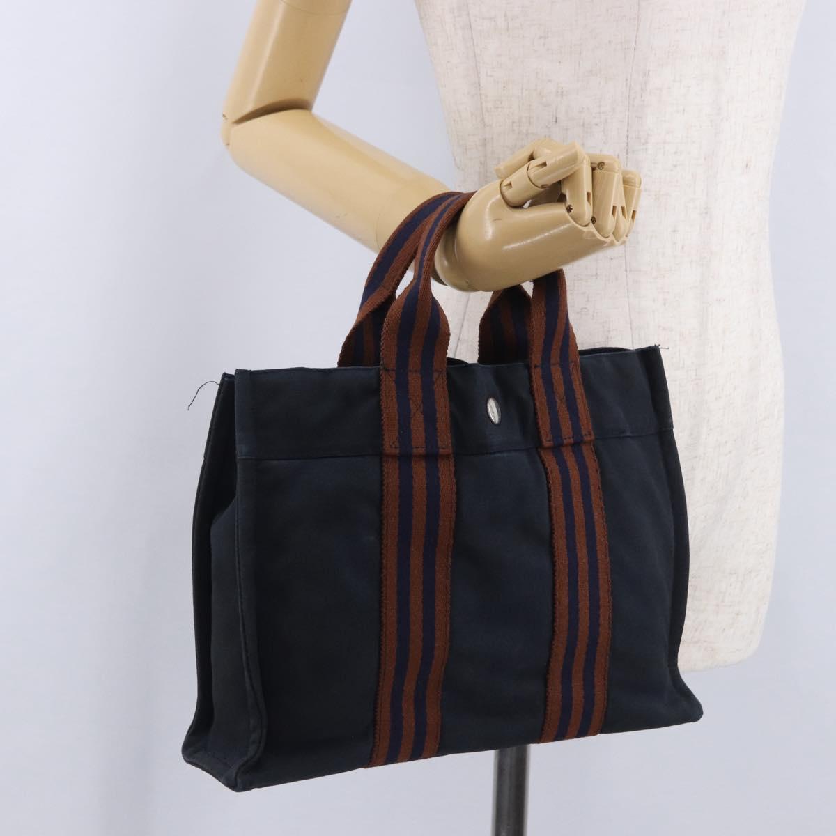 HERMES New Fourre Tout PM Hand Bag Canvas Navy Silver Auth 204058