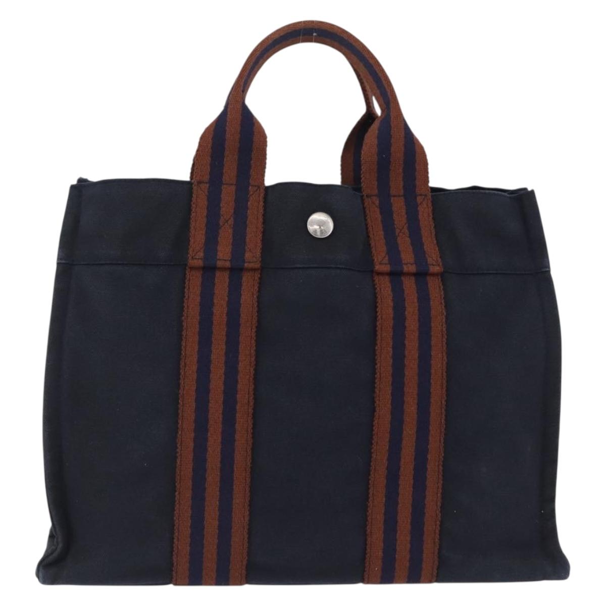 HERMES New Fourre Tout PM Hand Bag Canvas Navy Silver Auth 204058
