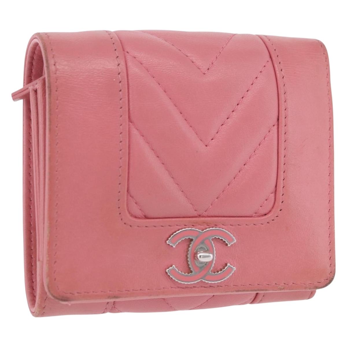 CHANEL V Stitch COCO Mark Bifold Wallet Lamb Skin Pink Silver CC Auth 204061A