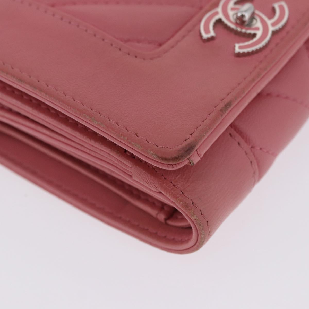CHANEL V Stitch COCO Mark Bifold Wallet Lamb Skin Pink Silver CC Auth 204061A