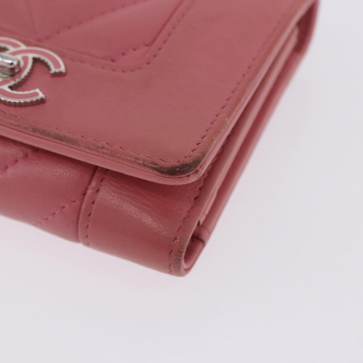 CHANEL V Stitch COCO Mark Bifold Wallet Lamb Skin Pink Silver CC Auth 204061A