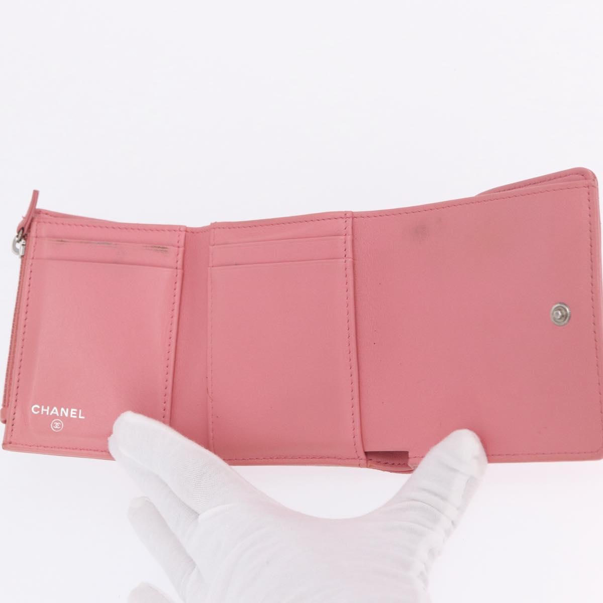 CHANEL V Stitch COCO Mark Bifold Wallet Lamb Skin Pink Silver CC Auth 204061A