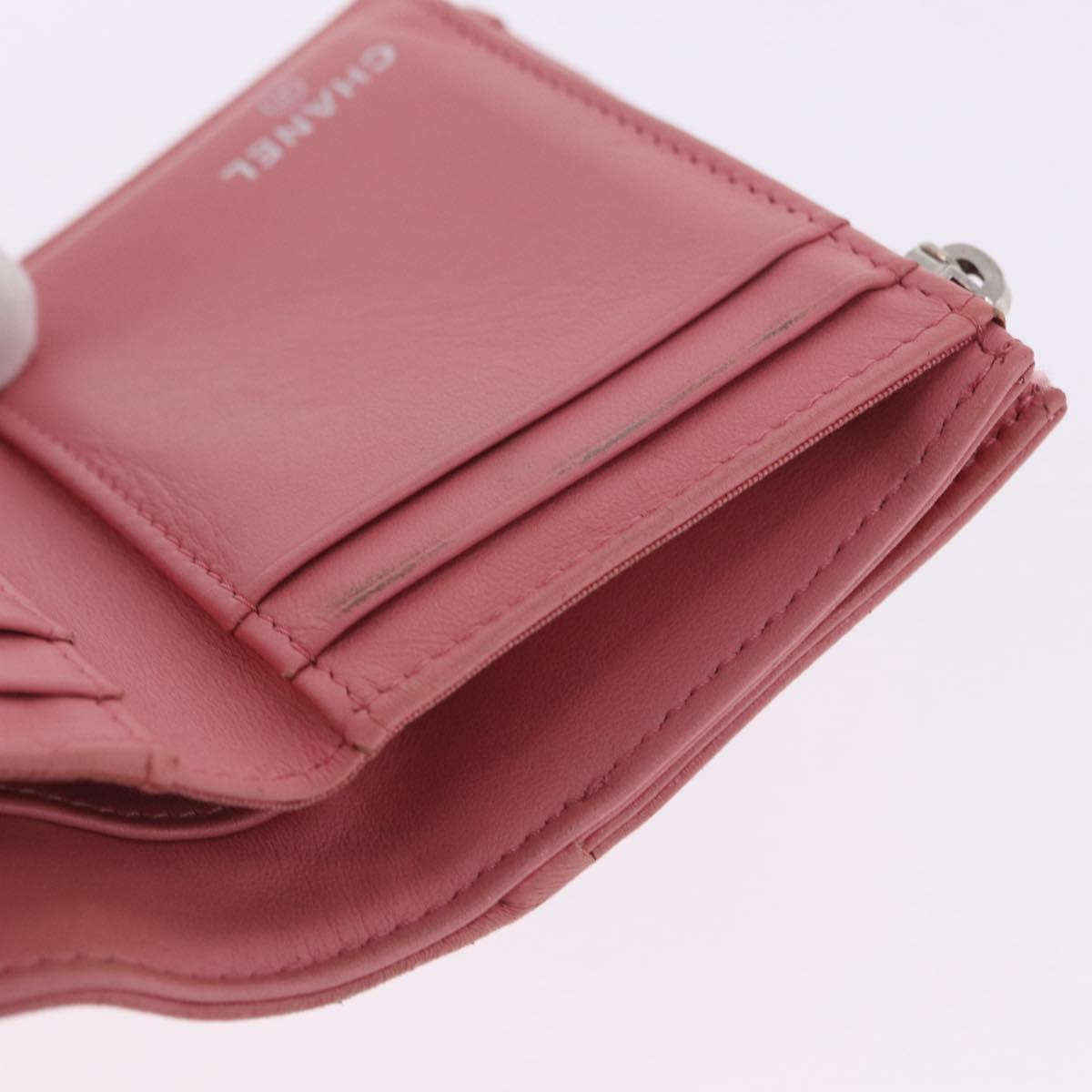CHANEL V Stitch COCO Mark Bifold Wallet Lamb Skin Pink Silver CC Auth 204061A