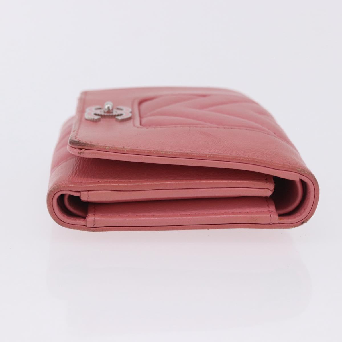 CHANEL V Stitch COCO Mark Bifold Wallet Lamb Skin Pink Silver CC Auth 204061A