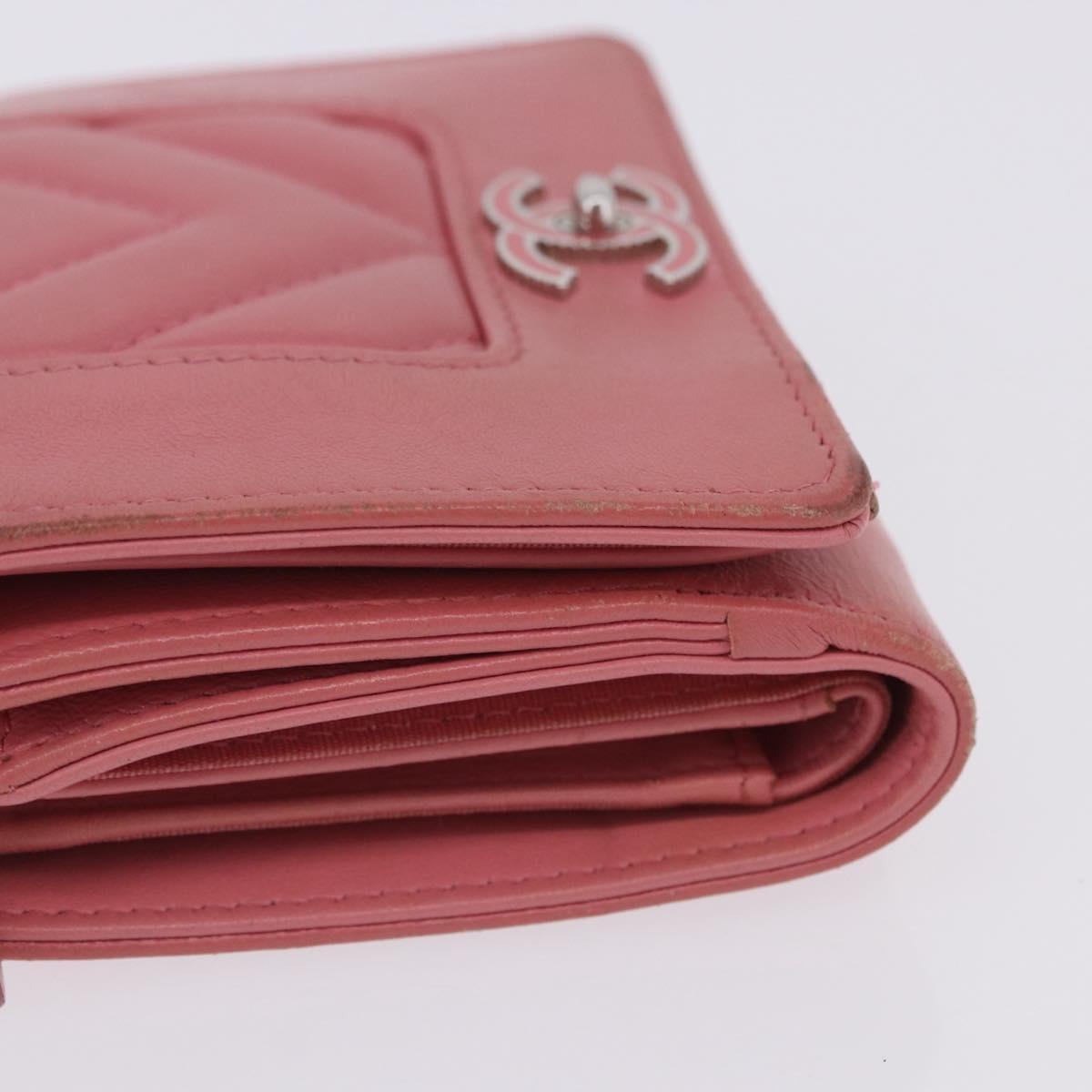 CHANEL V Stitch COCO Mark Bifold Wallet Lamb Skin Pink Silver CC Auth 204061A