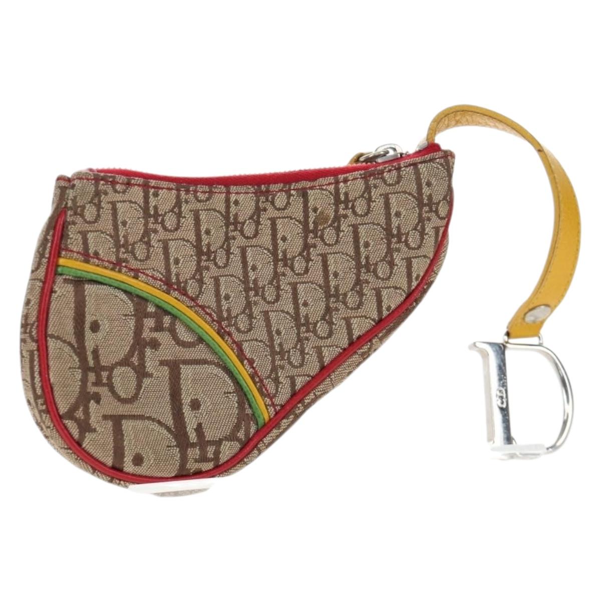 Christian Dior Trotter Canvas Saddle Coin Purse Beige Silver Auth 204064V