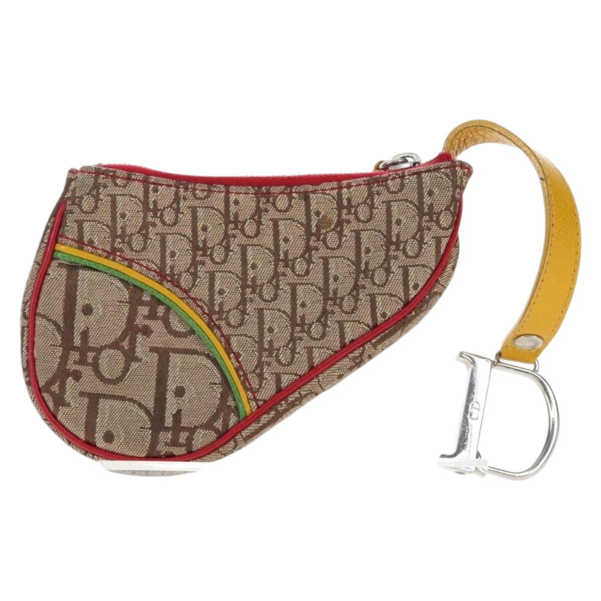 Christian Dior Trotter Canvas Saddle Coin Purse Beige Silver Auth 204064V