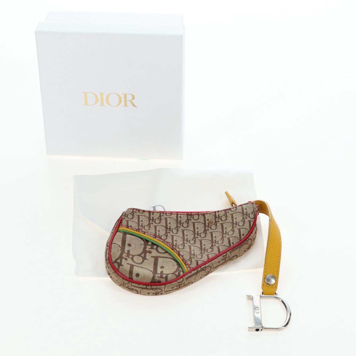 Christian Dior Trotter Canvas Saddle Coin Purse Beige Silver Auth 204064V