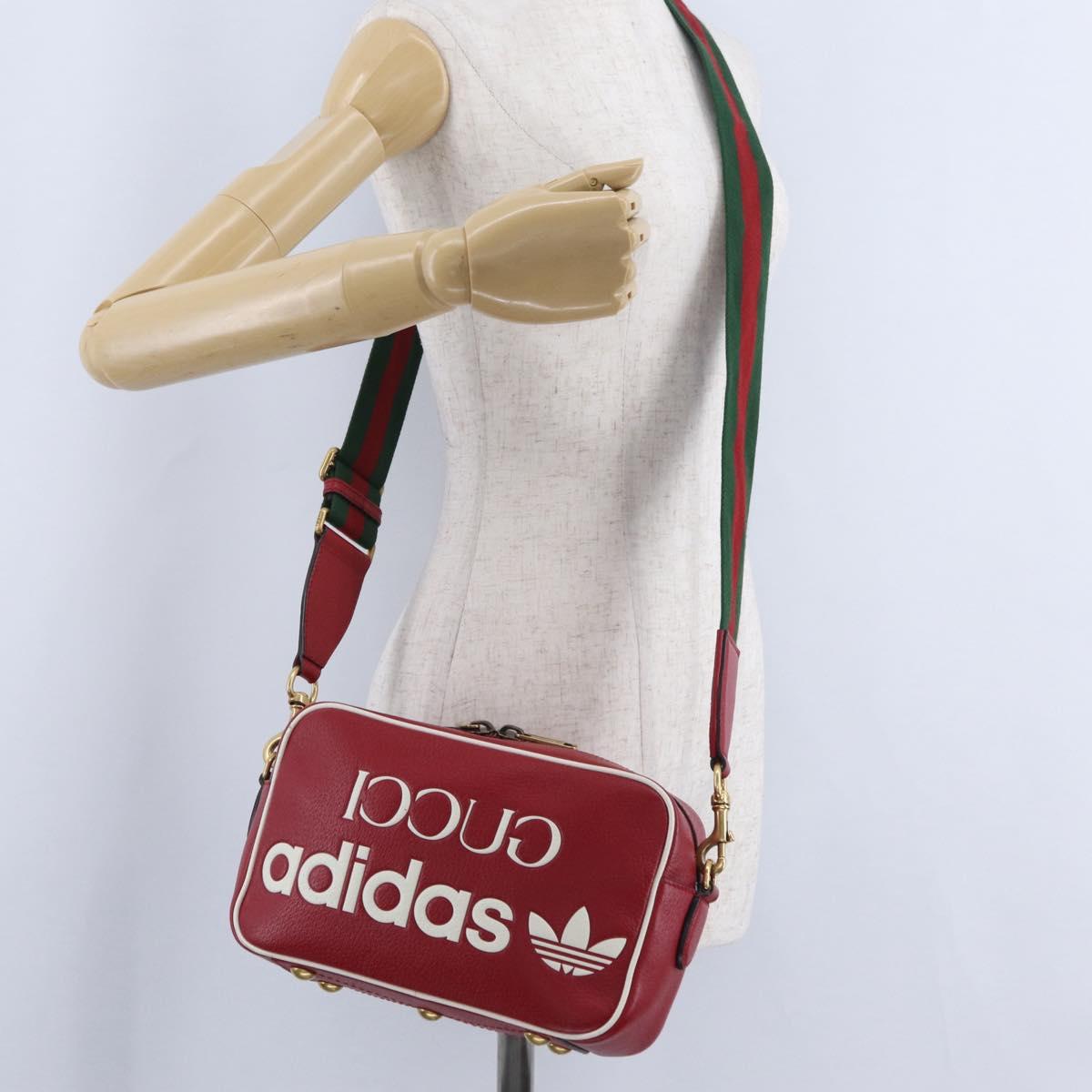 GUCCI Web Sherry Line Bag Leather Adidas Collaboration Red Gold Auth 204076M