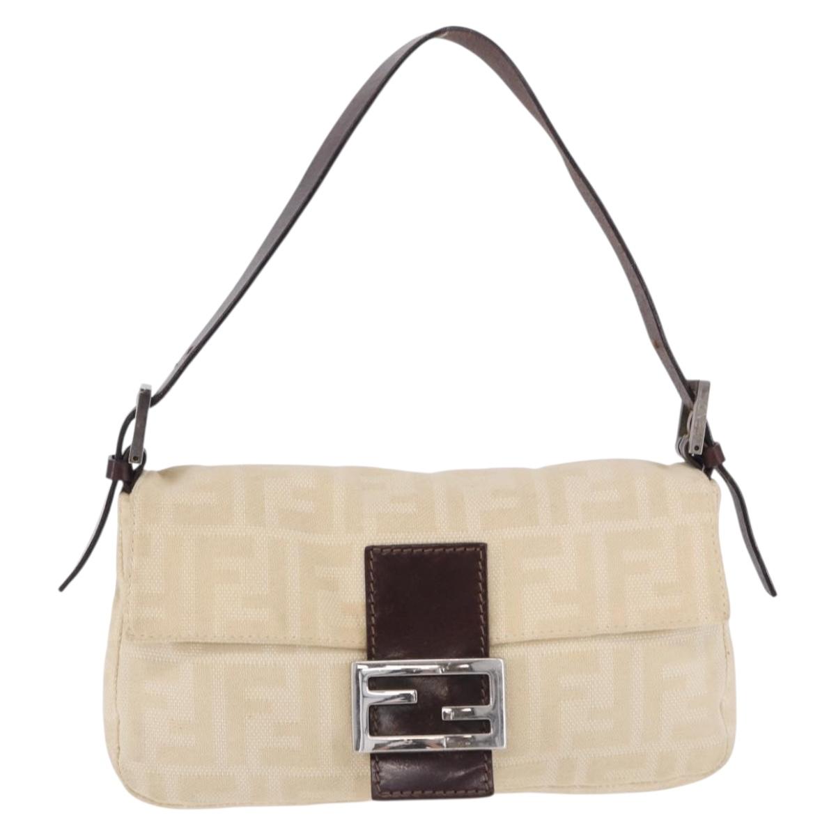 FENDI Zucca Canvas Mamma Baguette Shoulder Bag Beige Silver Auth 204087V