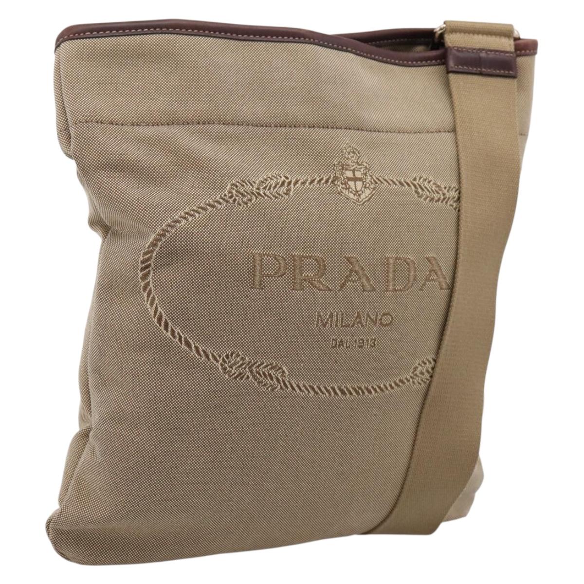 PRADA Shoulder Bag Jacquard Beige Silver Auth 204093