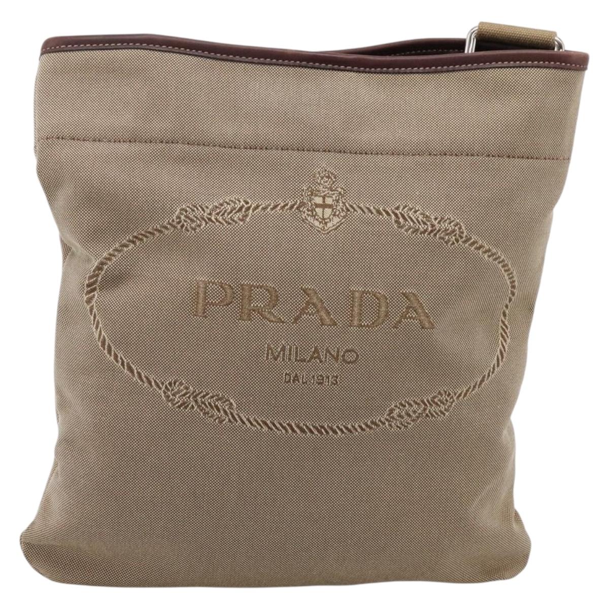 PRADA Shoulder Bag Jacquard Beige Silver Auth 204093