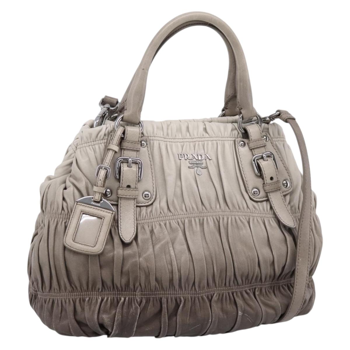 PRADA Gathered Hand Bag Leather 2way Gray Silver Auth 204095V