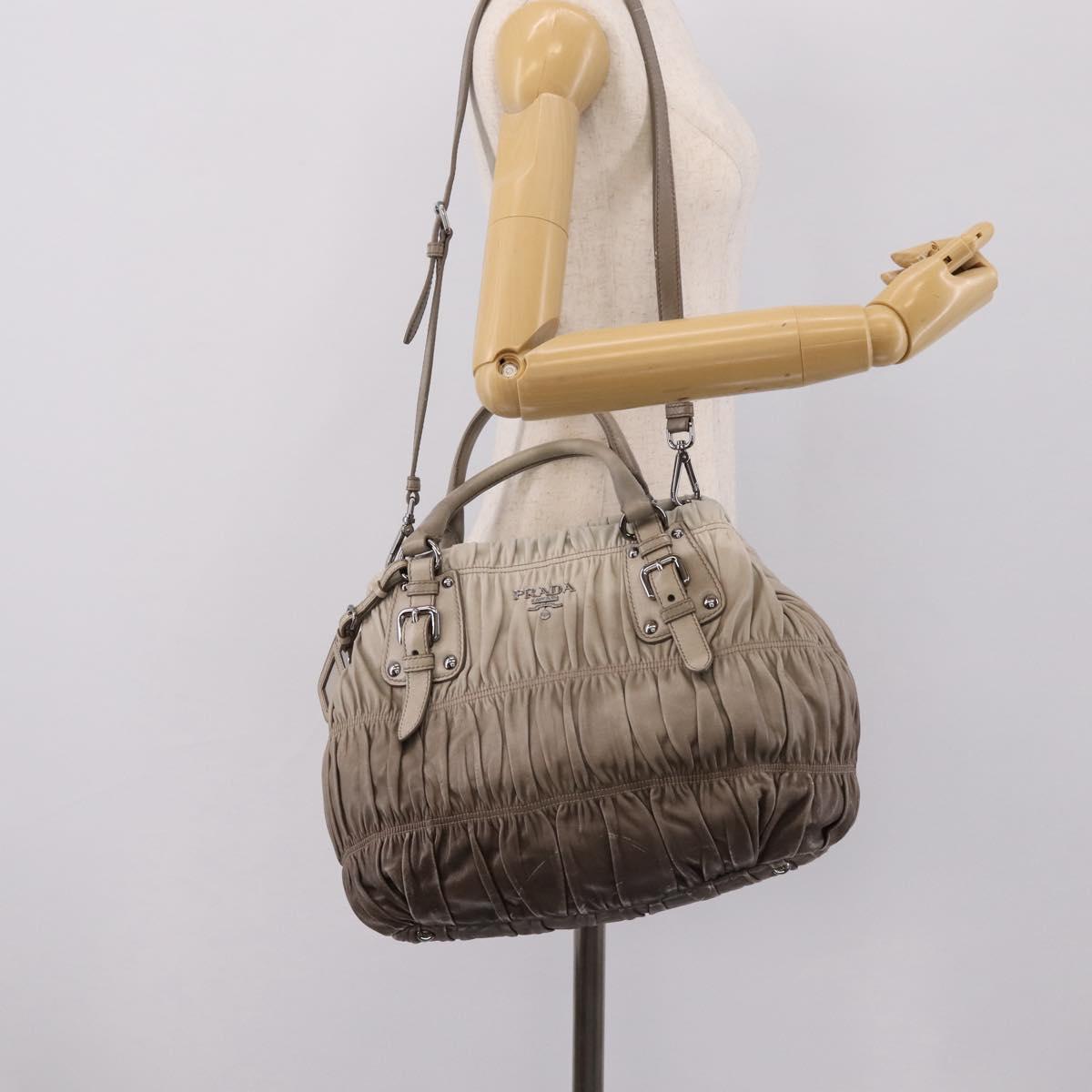 PRADA Gathered Hand Bag Leather 2way Gray Silver Auth 204095V