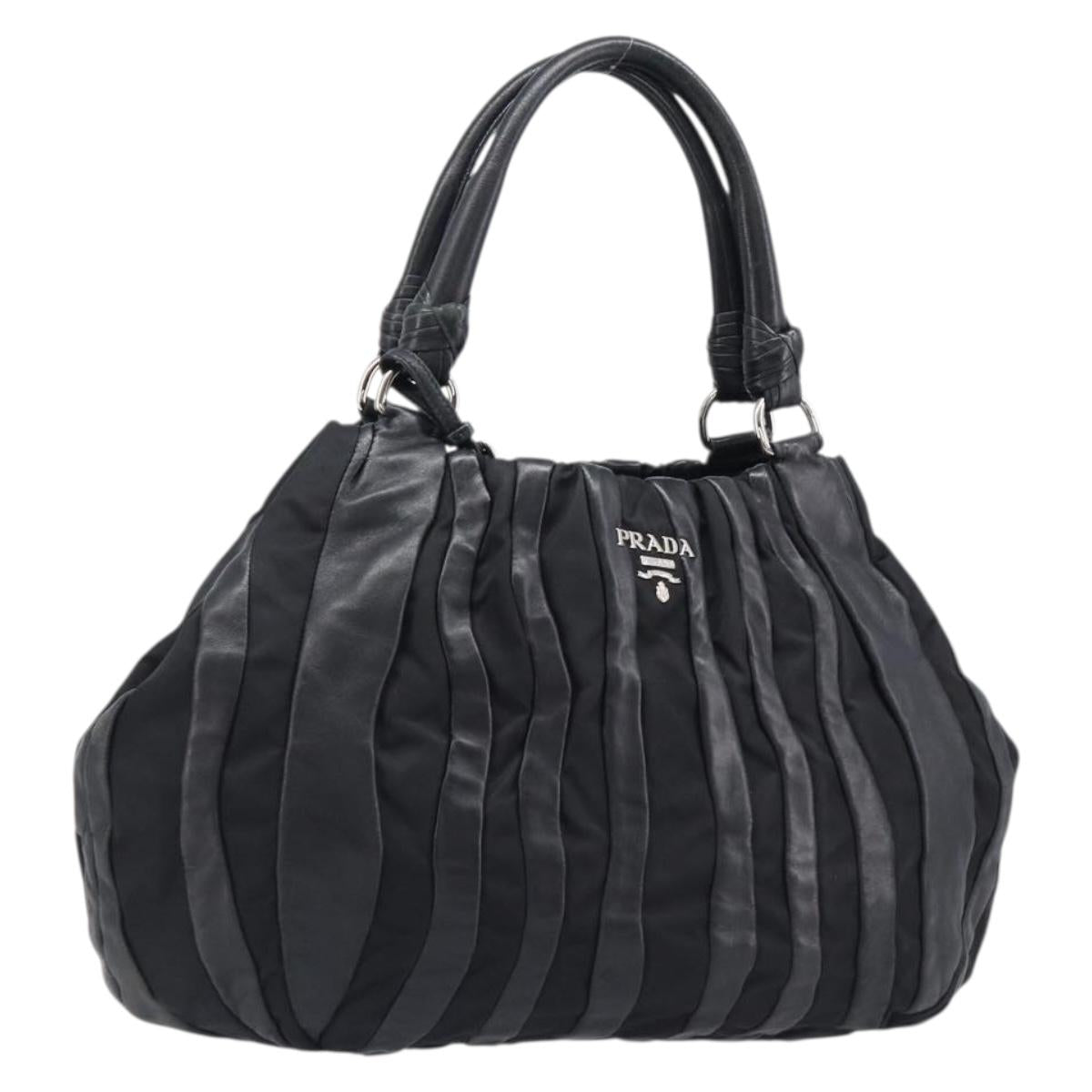PRADA Crimson Hand Bag Leather Black Silver Auth 204098V