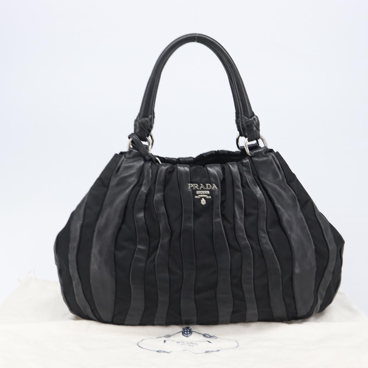 PRADA Crimson Hand Bag Leather Black Silver Auth 204098V
