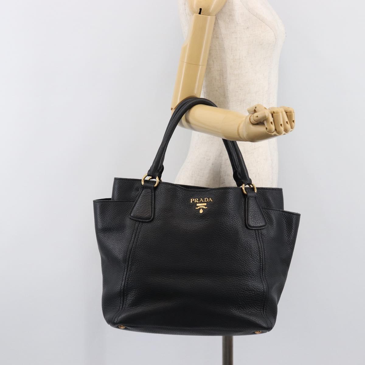 PRADA Vitellolux Hand Bag Leather Black Gold Auth 204100V