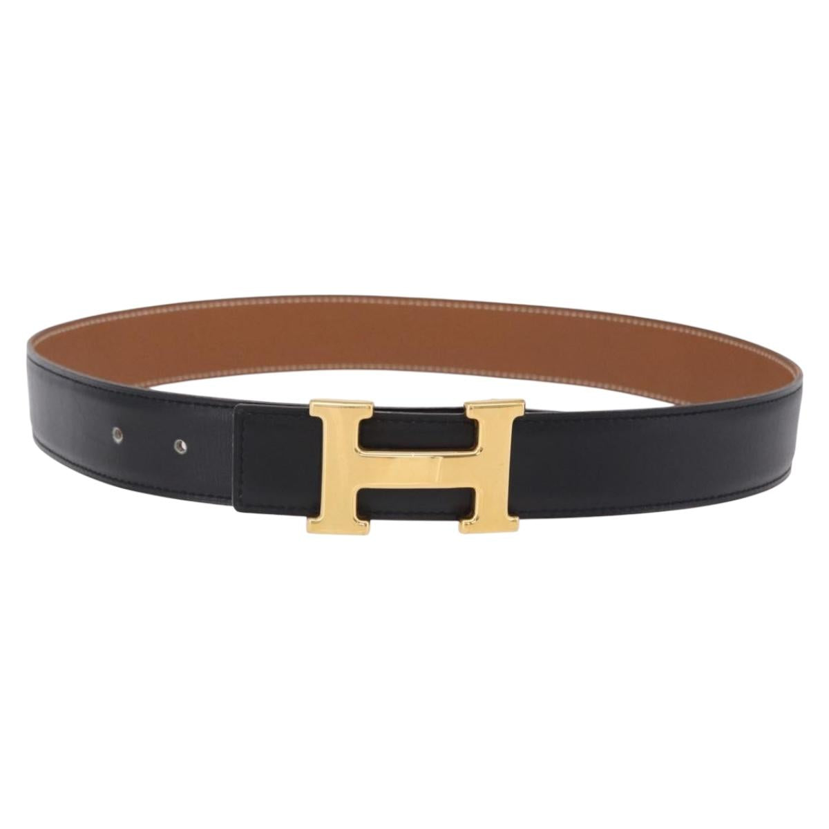 HERMES Constance H Belt Leather 33.9"" Black Gold Auth 204104