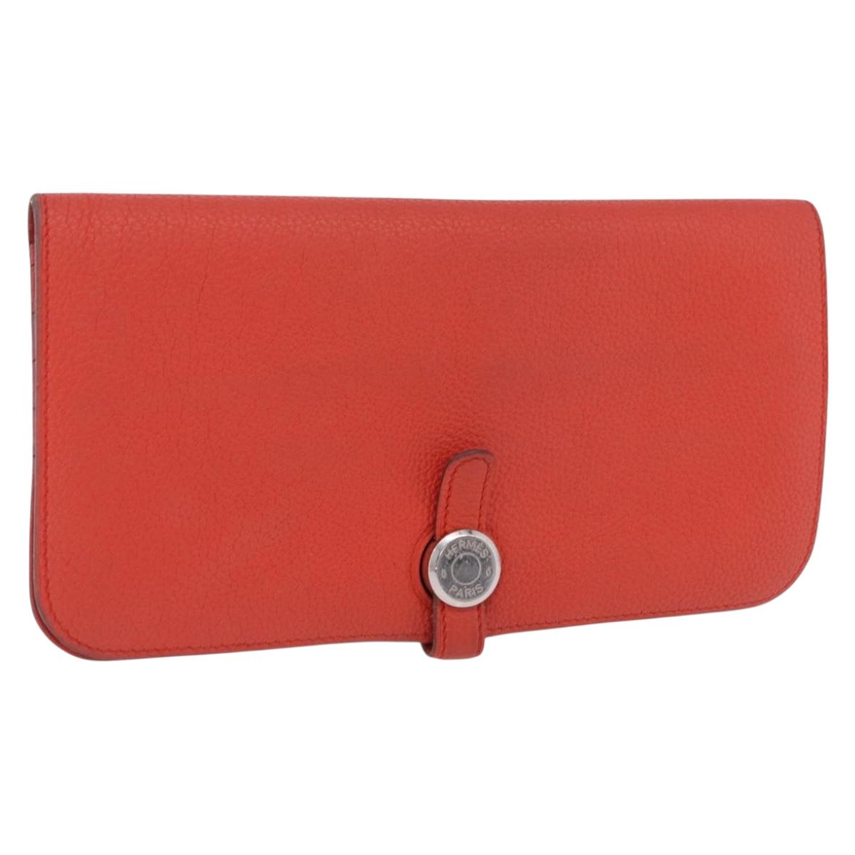 HERMES Dogon Wallet Taurillon Clemence Leather Orange Silver Auth 204105