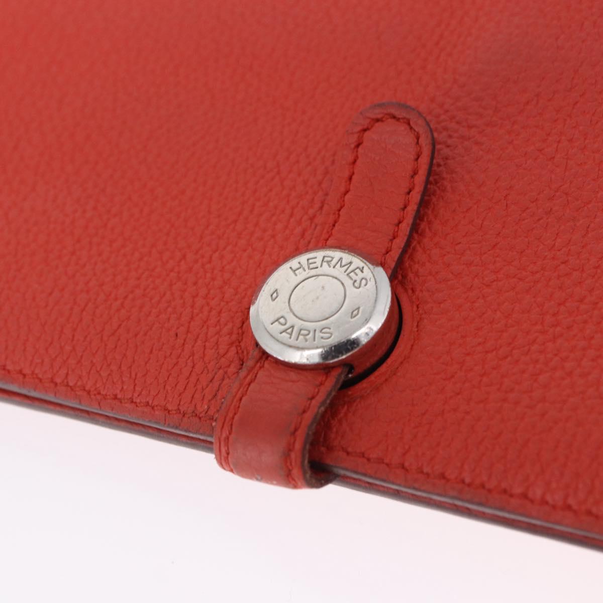 HERMES Dogon Wallet Taurillon Clemence Leather Orange Silver Auth 204105