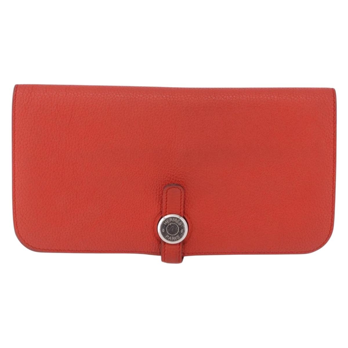 HERMES Dogon Wallet Taurillon Clemence Leather Orange Silver Auth 204105