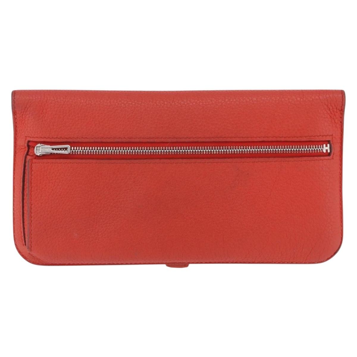 HERMES Dogon Wallet Taurillon Clemence Leather Orange Silver Auth 204105