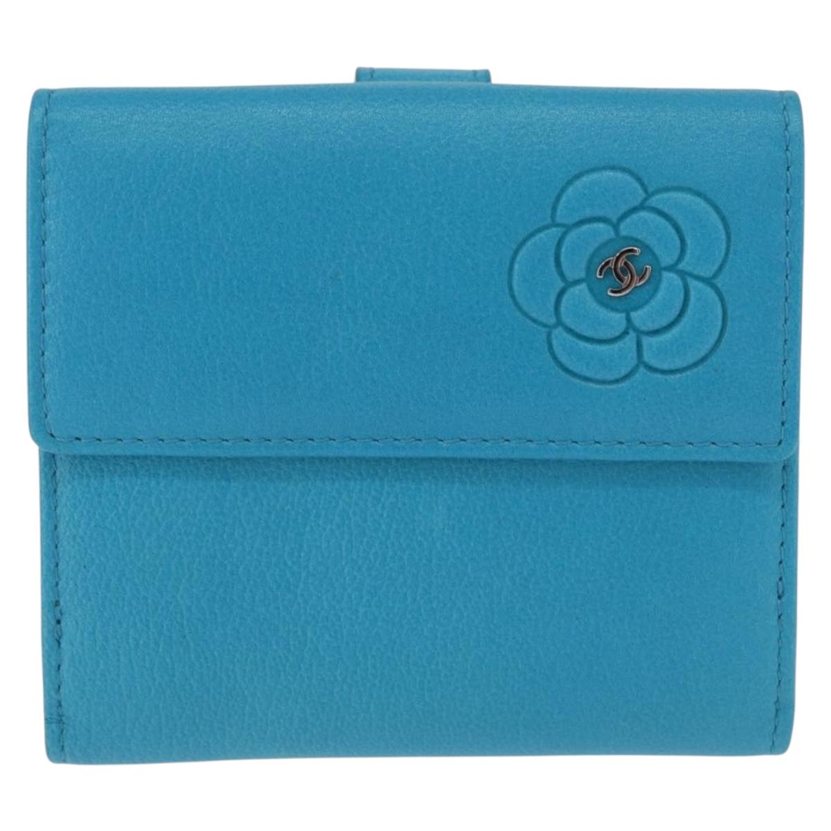 CHANEL Camelia Wallet Leather Blue Silver CC Auth 204106M