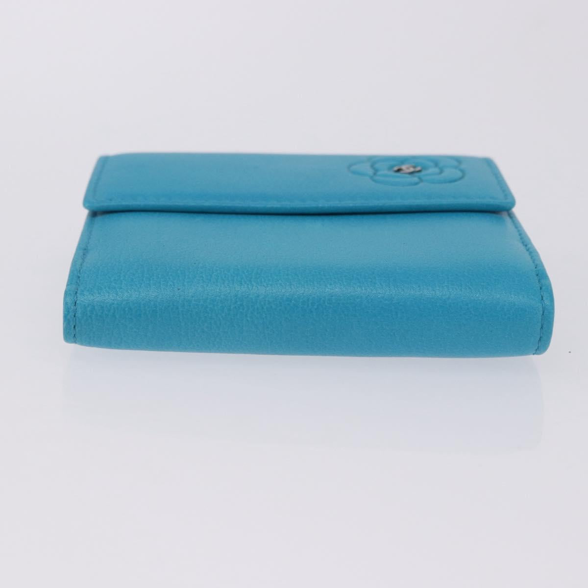CHANEL Camelia Wallet Leather Blue Silver CC Auth 204106M