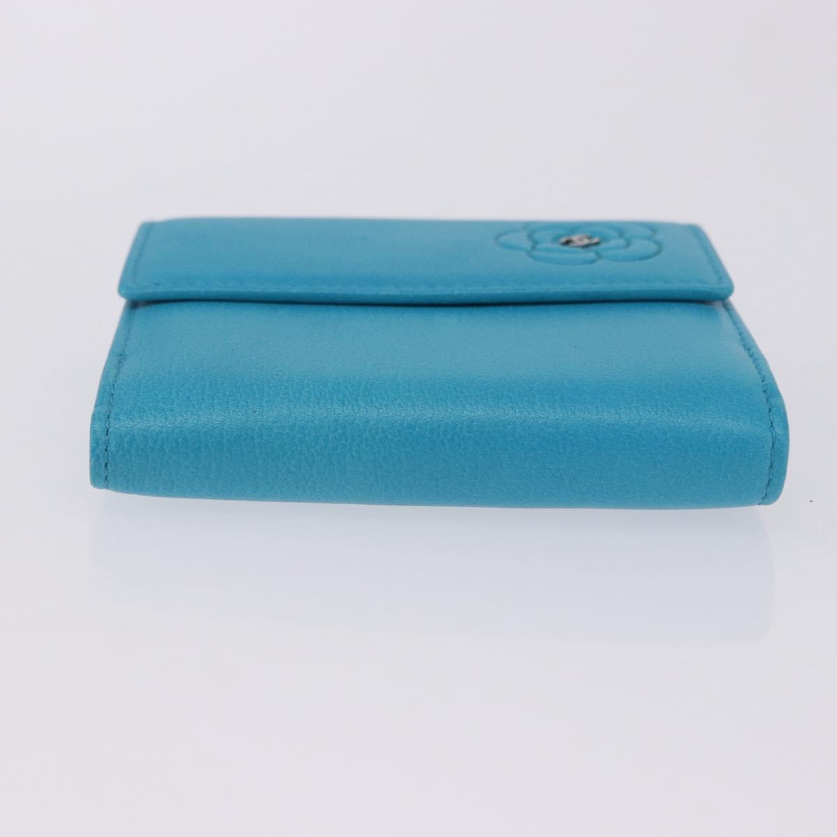CHANEL Camelia Wallet Leather Blue Silver CC Auth 204106M
