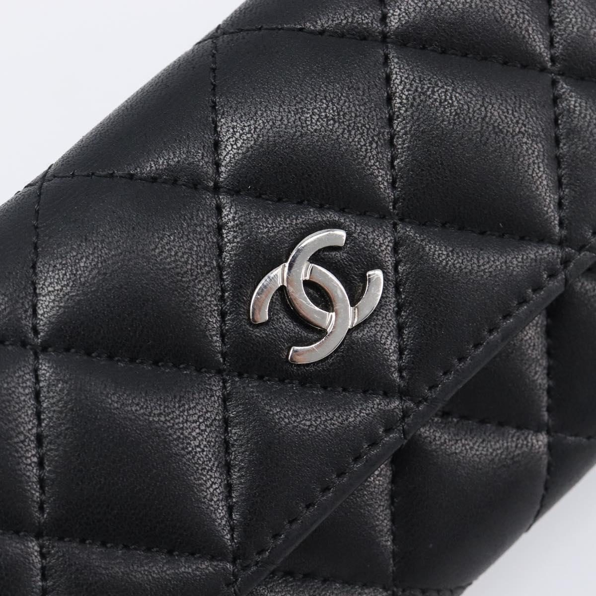 CHANEL Matelasse Card Case Lamb Skin Black Silver CC Auth 204109V