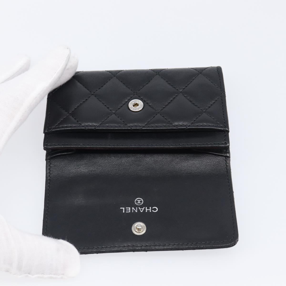 CHANEL Matelasse Card Case Lamb Skin Black Silver CC Auth 204109V