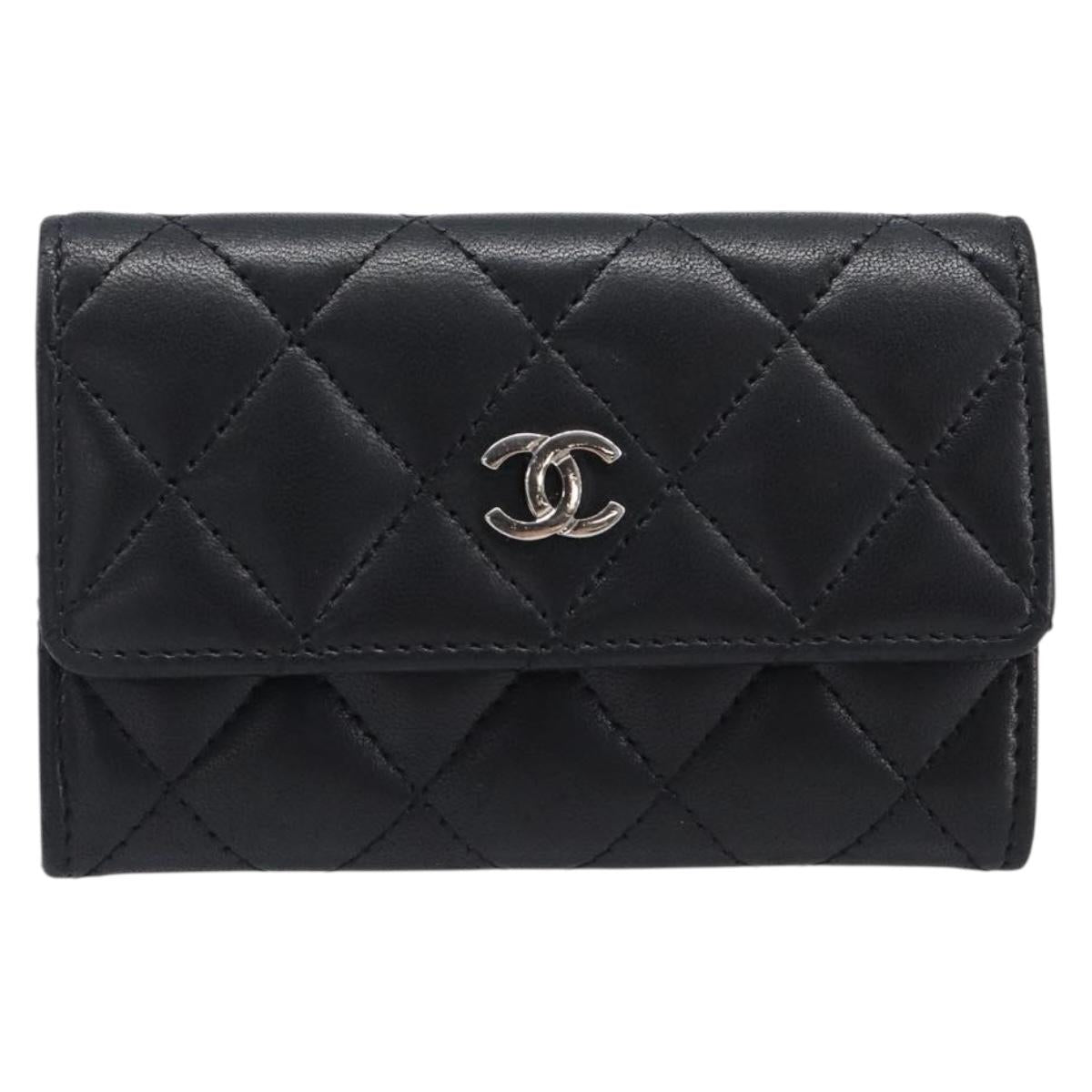 CHANEL Matelasse Card Case Lamb Skin Black Silver CC Auth 204109V
