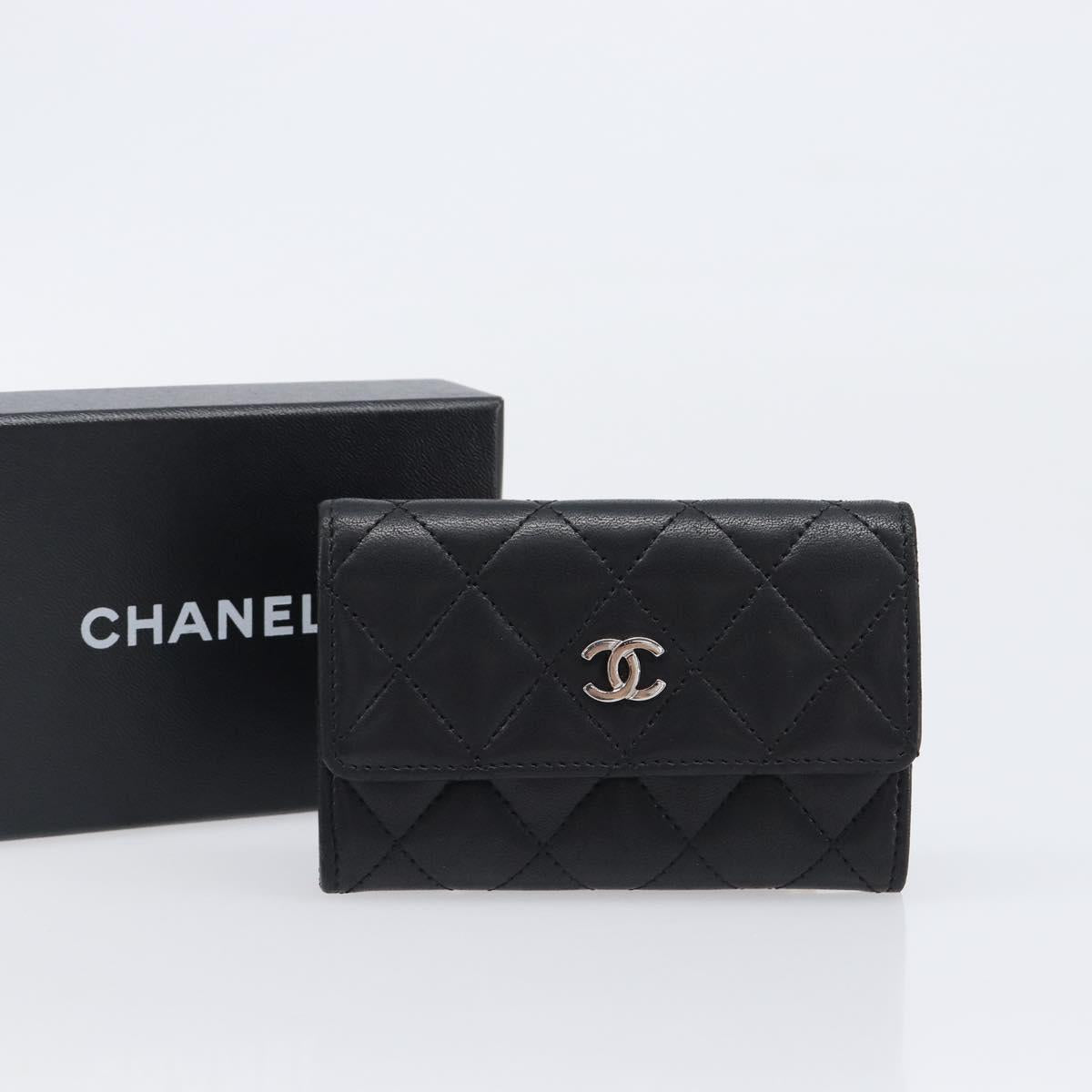 CHANEL Matelasse Card Case Lamb Skin Black Silver CC Auth 204109V