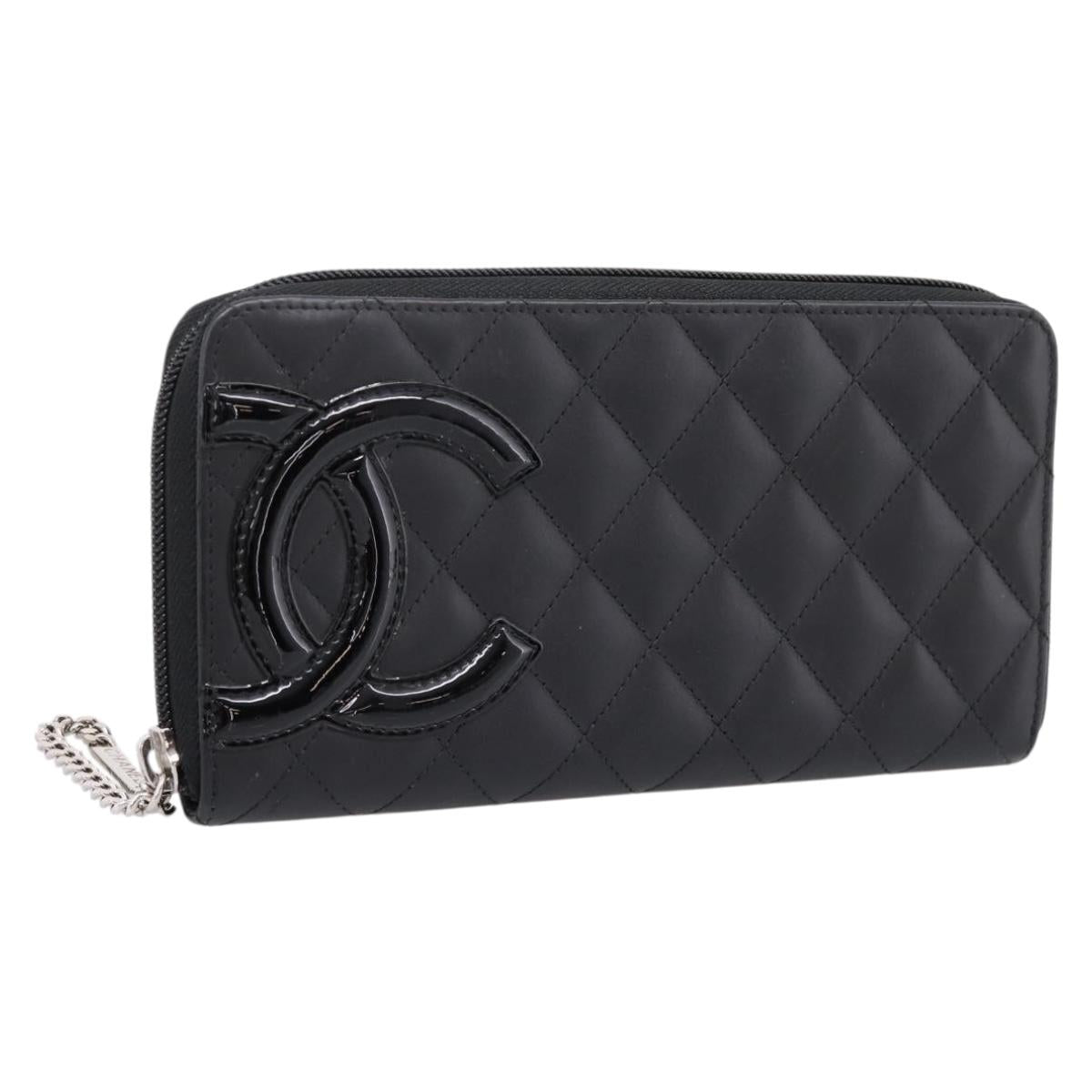 CHANEL Matelasse Cambon Line Long Wallet Leather Black Silver CC Auth 204110V