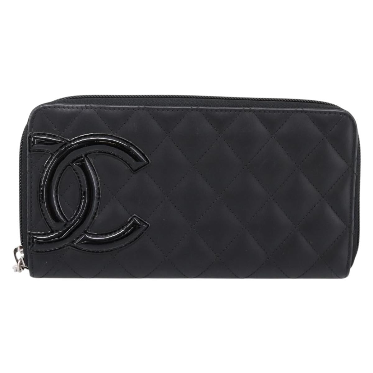 CHANEL Matelasse Cambon Line Long Wallet Leather Black Silver CC Auth 204110V