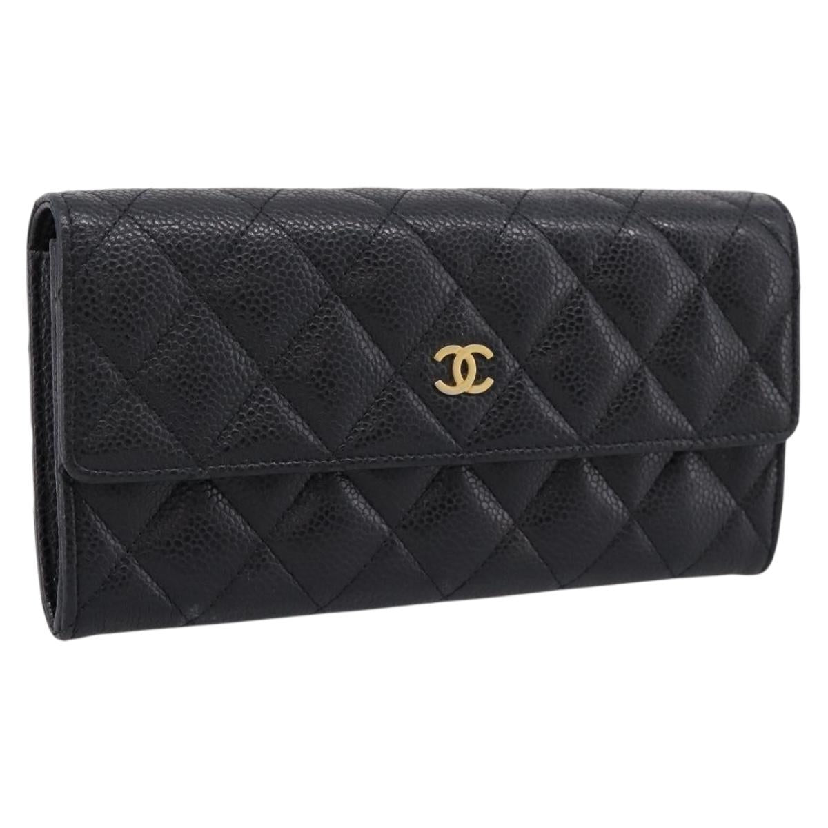 CHANEL Matelasse Long Wallet Caviar Skin Black Gold CC Auth 204114M