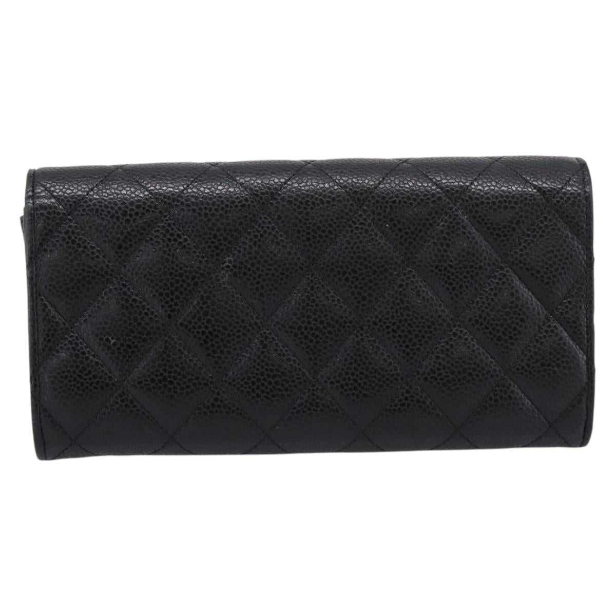 CHANEL Matelasse Long Wallet Caviar Skin Black Gold CC Auth 204114M